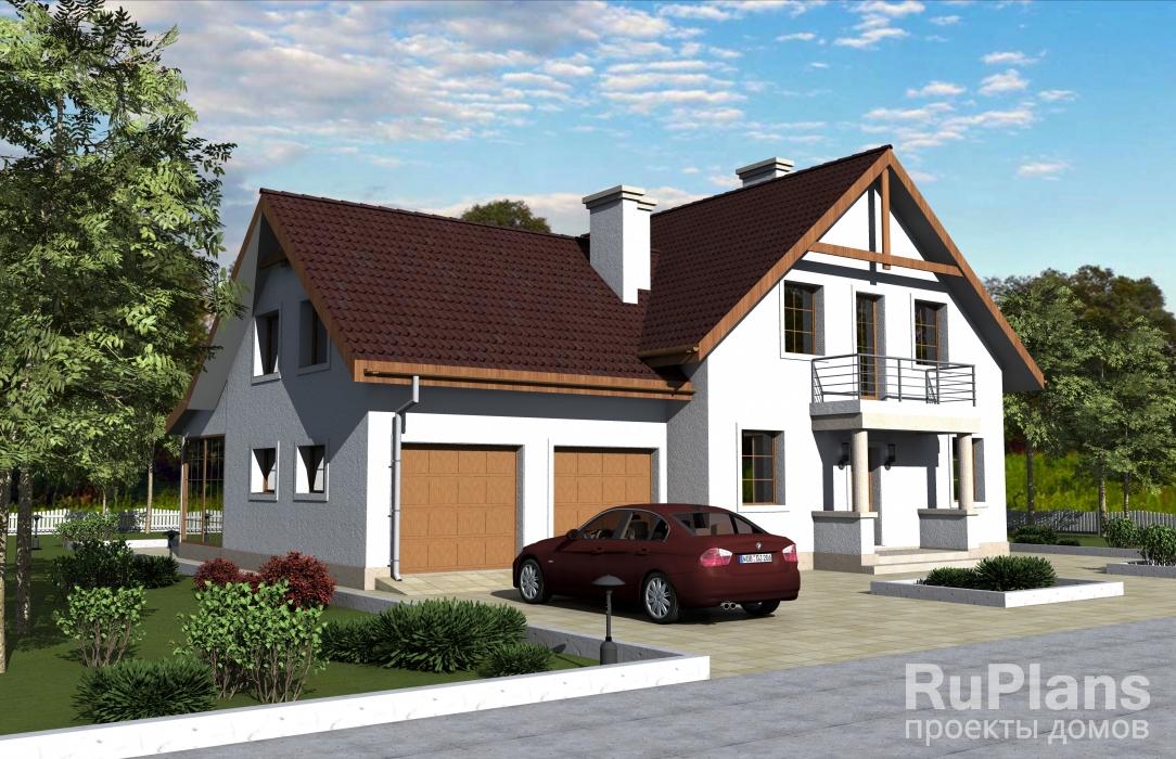 Одноэтажный дом с мансардой, эркером, гаражом на 2 машины, верандой и балконами Rg3316 - Вид1