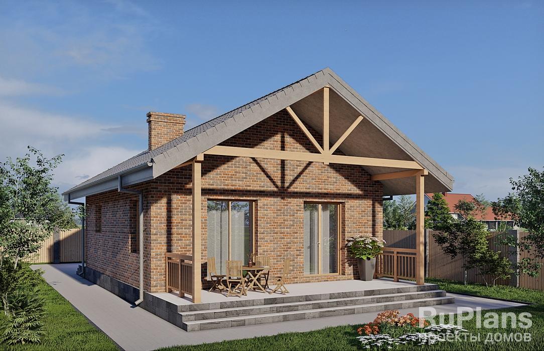 Эскизный проект одноэтажного гостевого дома с террасой и облицовкой кирпичем Rg3940 - Вид1