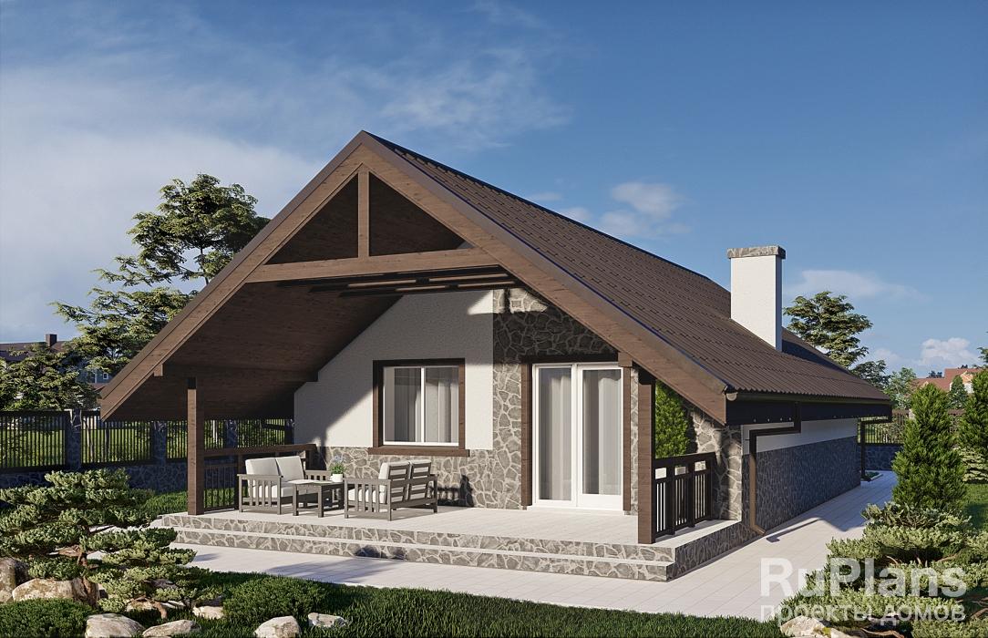 Эскизный проект одноэтажного гостевого дома облицованного камнем и штукатуркой с террасой Rg3972 - Вид1