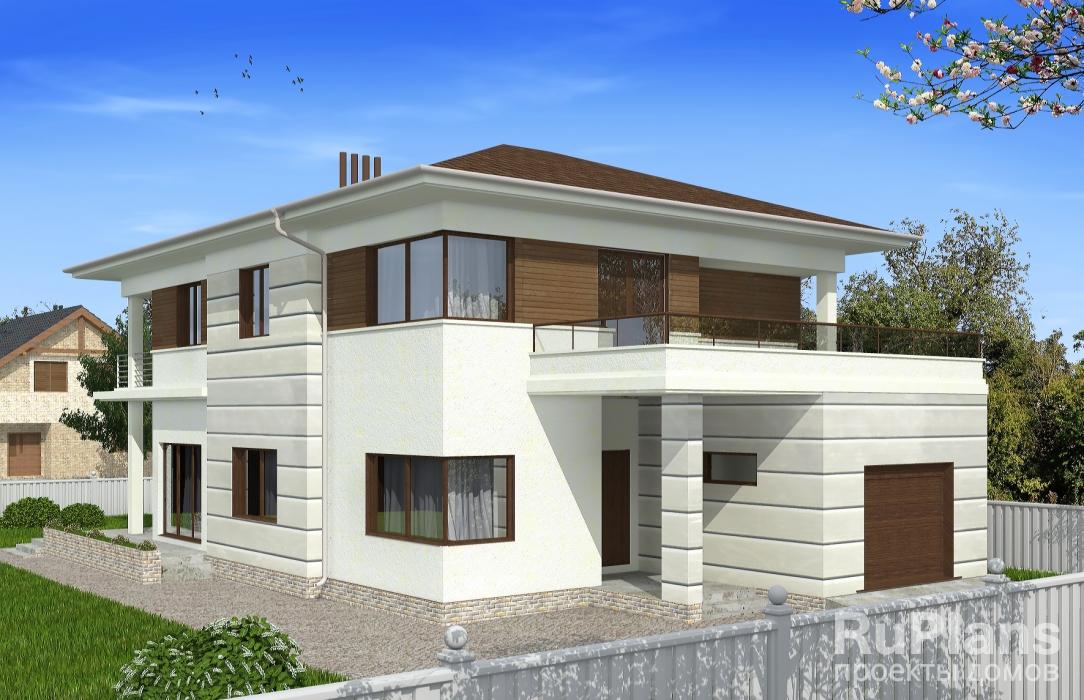 Двухэтажный дом с подвалом, гаражом, террасой и балконами Rg5107z (Зеркальная версия) - Вид1
