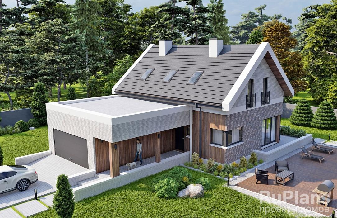 Проект одноэтажного жилого дома с террасой и мансардой Rg5382z (Зеркальная версия) - Вид1