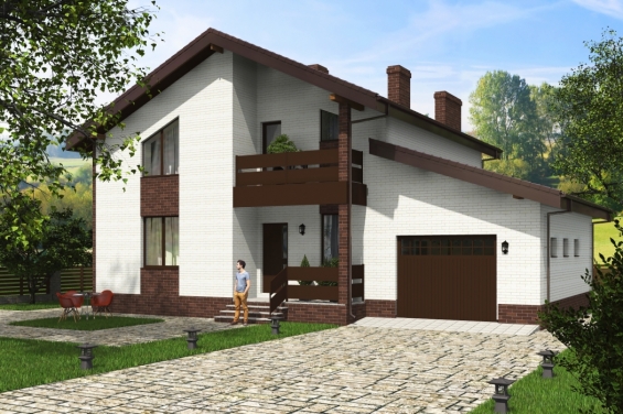 Rg5398 - Проект индивидуального одноэтажного жилого дома с мансардой, гаражом, террасой и балконом