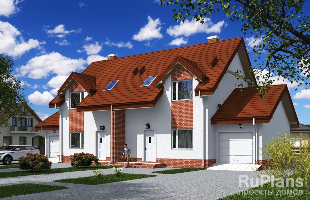 Одноэтажный жилой дом на две семьи с мансардой, гаражом, балконами и террасой Rg5558z (Зеркальная версия) - Вид1