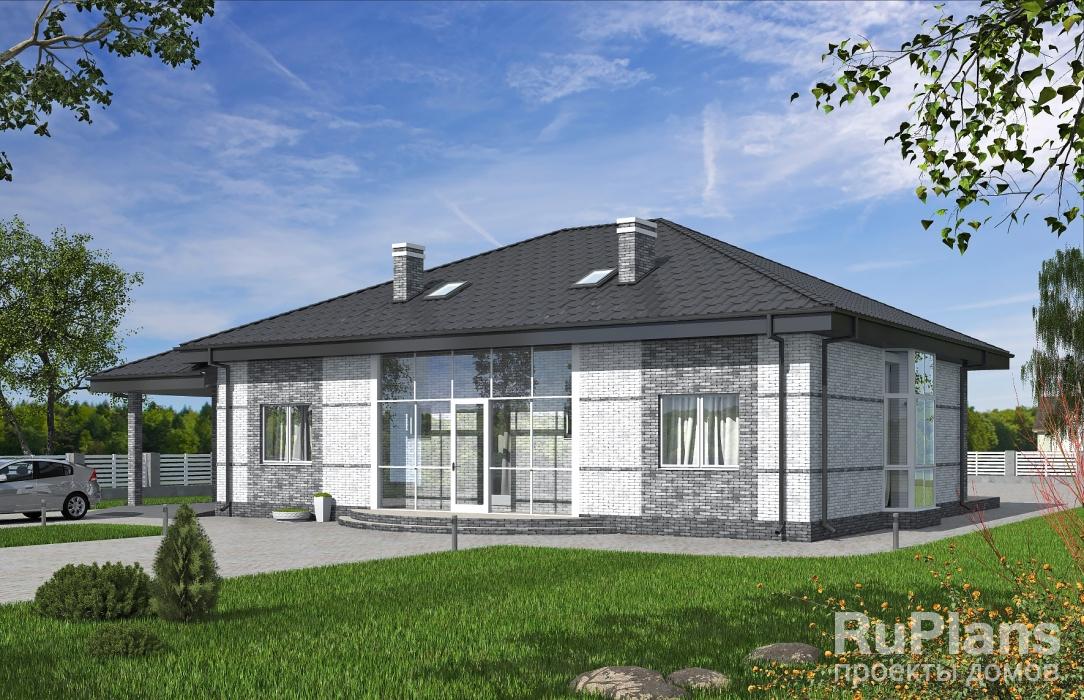 Одноэтажный дом с террасой, эркером и навесом для автомобиля Rg5856z (Зеркальная версия) - Вид1