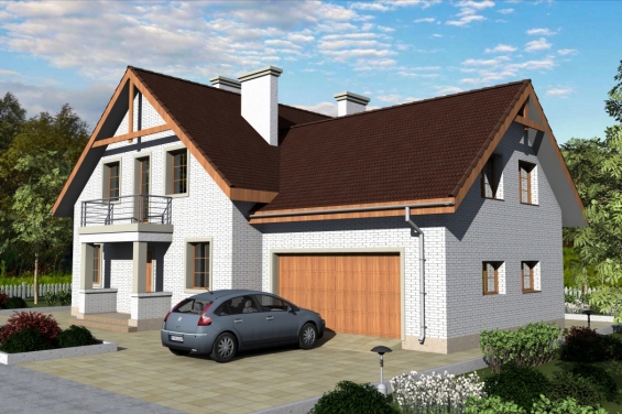 Rg3246 - Одноэтажный дом с мансардой, эркером, гаражом на 2 машины и балконами