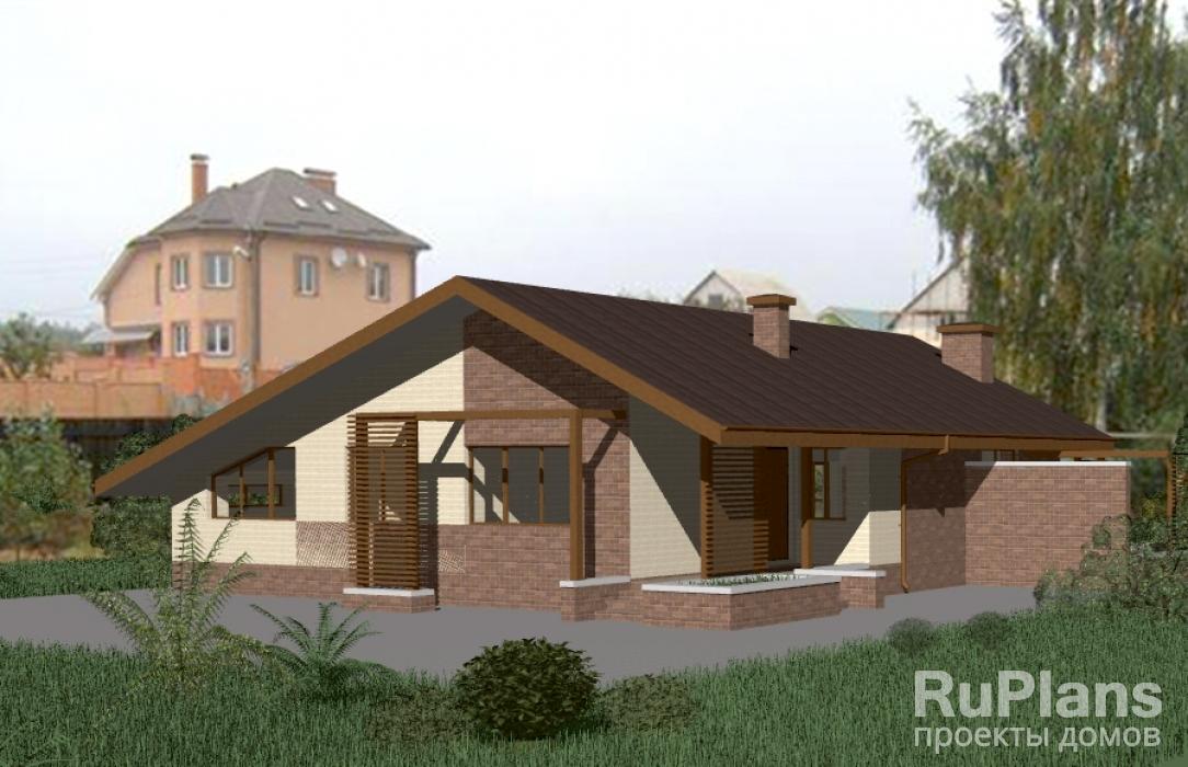 Одноэтажный дом с террасами и зимним садом Rg3338z (Зеркальная версия) - Вид1