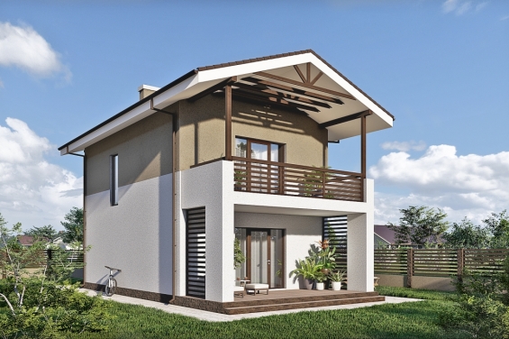 Rg4786 - Двухэтажный дом для узкого участка с террасой, крыльцом и балконами