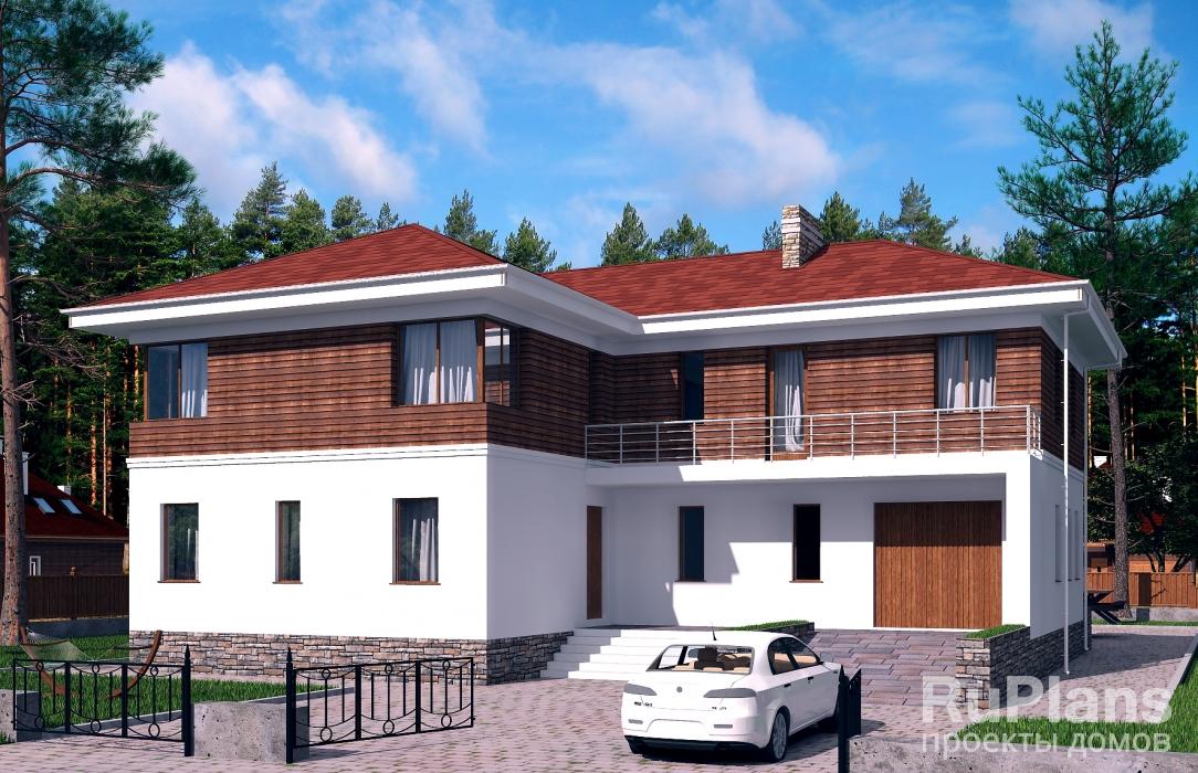 Двухэтажный дом с цоколем, гаражом, террасой и балконом Rg5128 - Вид1