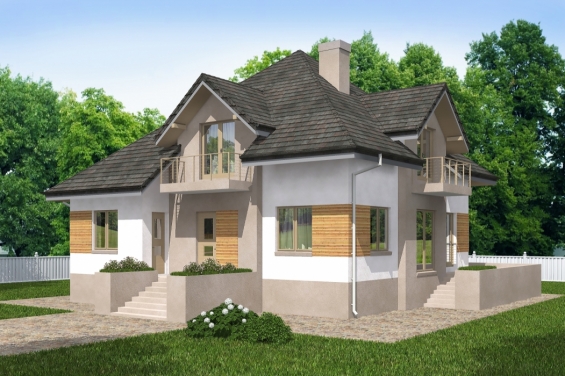 Rg5173 - Одноэтажный дом с мансардой, террасой и балконами