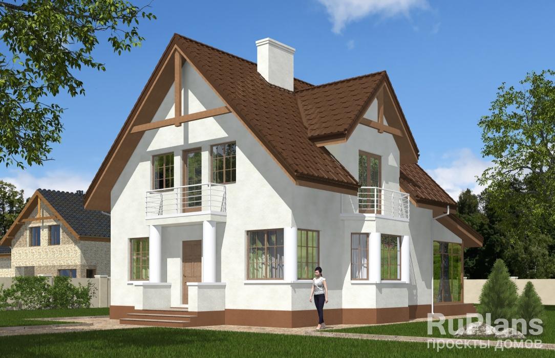 Одноэтажный дом с мансардой, эркером, верандой и балконом Rg5356z (Зеркальная версия) - Вид1
