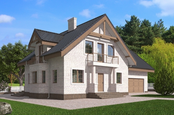 Rg5585 - Проект одноэтажного дома с мансардой, гаражом, террасой и балконом