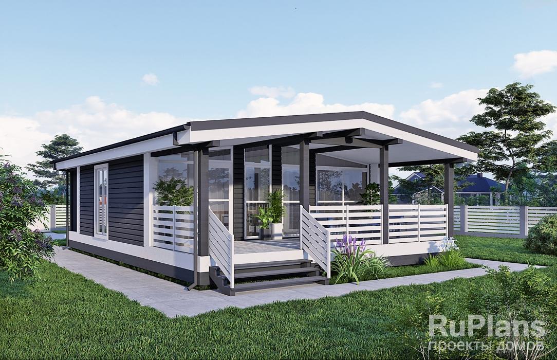 Rg6094 - Проект одноэтажного дома с деревянным каркасом, отделкой планкеном и террасой