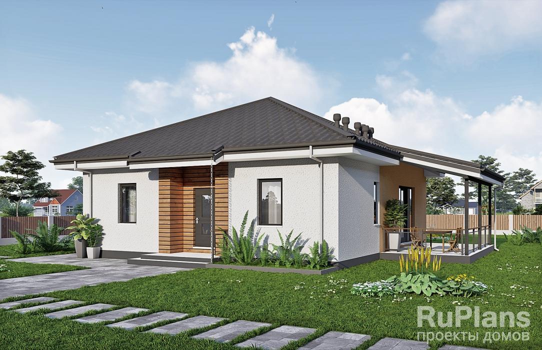 Rg6167 - Одноэтажный дом с террасой, 3 спальнями и отделкой штукатуркой и планкеном