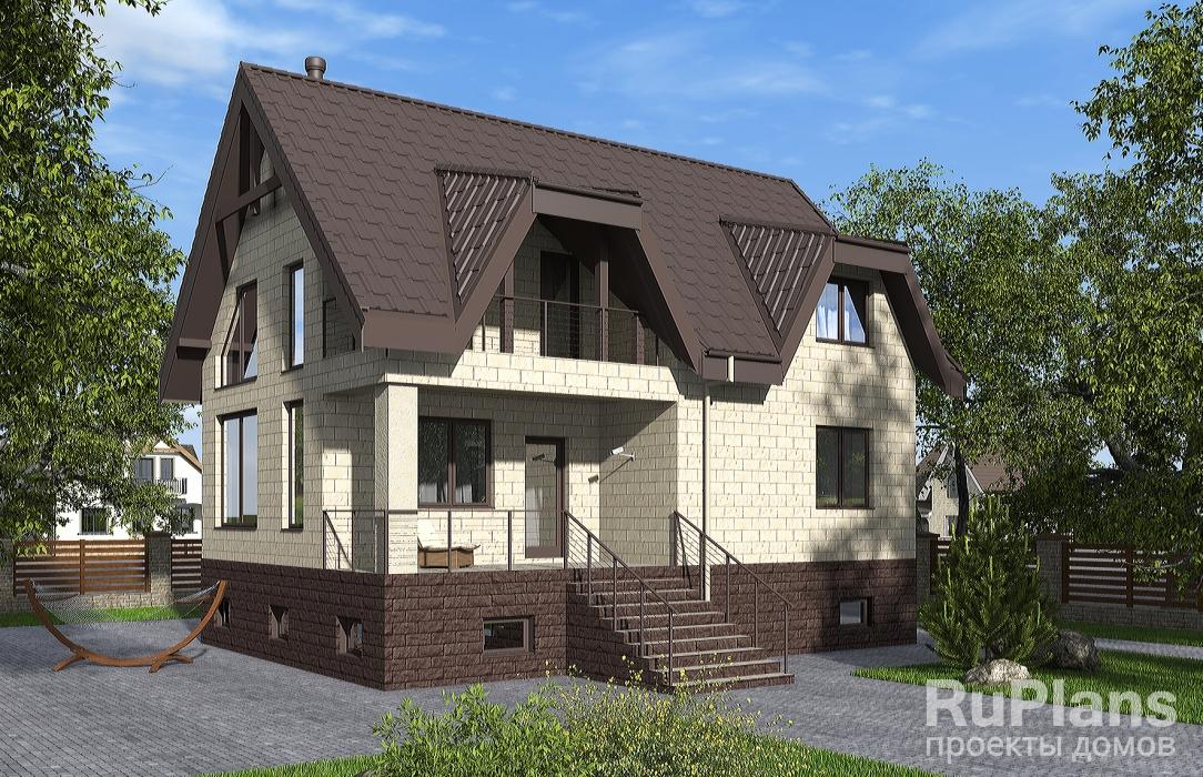 Одноэтажный дом с подвалом, мансардой, балконом и вторым светом Rg6189z (Зеркальная версия) - Вид1