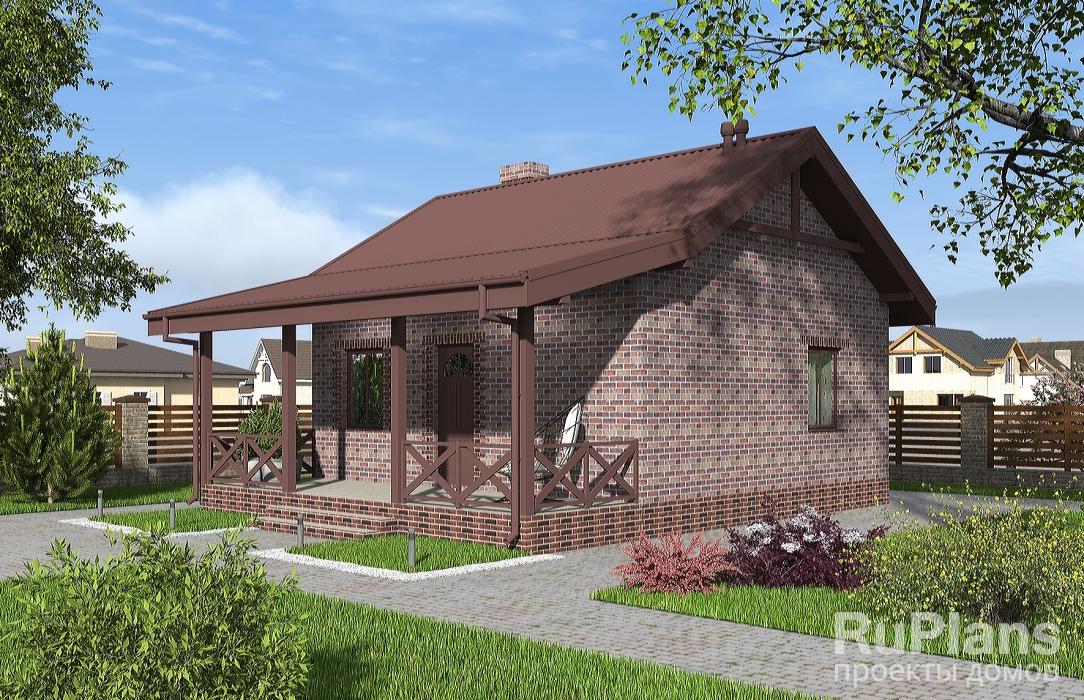 Rg6217 - Одноэтажный дом с террасой, печкой и отделкой кирпичом.