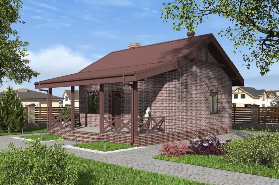 Rg6217 - Одноэтажный дом с террасой, печкой и отделкой кирпичом.