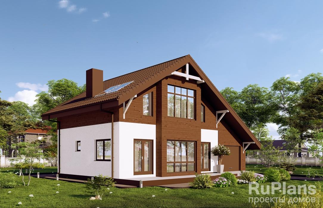 Одноэтажный дом с мансардой, гаражом и отделкой штукатуркой и планкеном. Rg6227z (Зеркальная версия) - Вид1