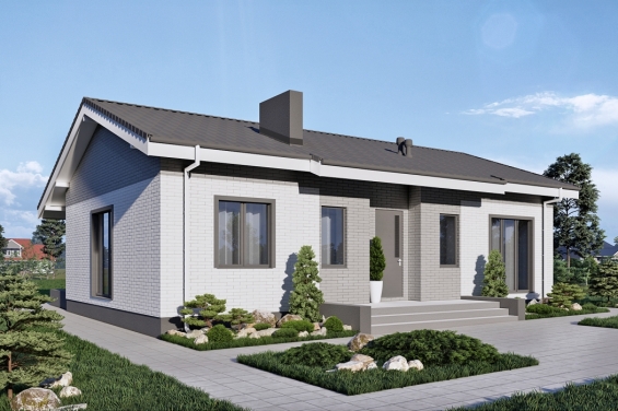 Rg6503 - Одноэтажный дом с террасой, 3 спальнями и отделкой облицовочным кирпичом