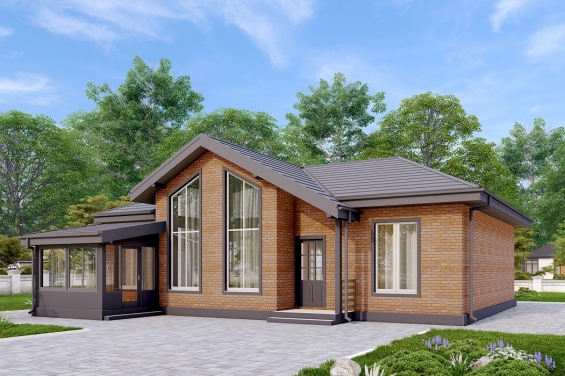 Rg6516 - Одноэтажный дом с верандой и вторым светом в гостиной