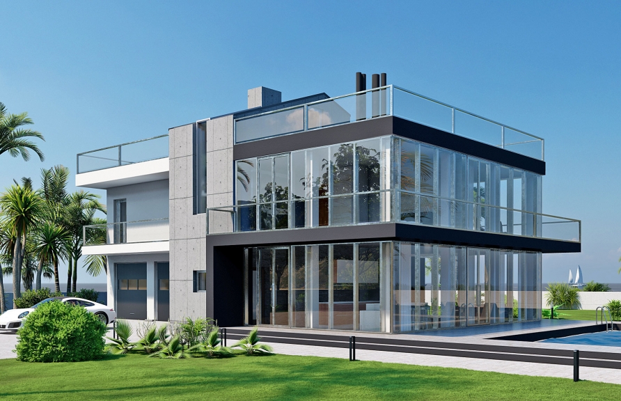 Rg4991 - Современный двухэтажный дом в стиле хай-тек, с панорамными окнами