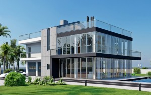 Современный двухэтажный дом в стиле хай-тек, с панорамными окнами Rg4991
